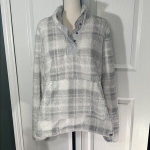 Eddie Bauer sherpa fleece 1/4 snap Women's L Color Block White Grey Pockets Swea